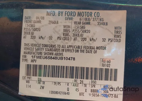 2008 Ford Explorer Limited z USA, uszkodzony, nr VIN 1FMEU65848UB10478